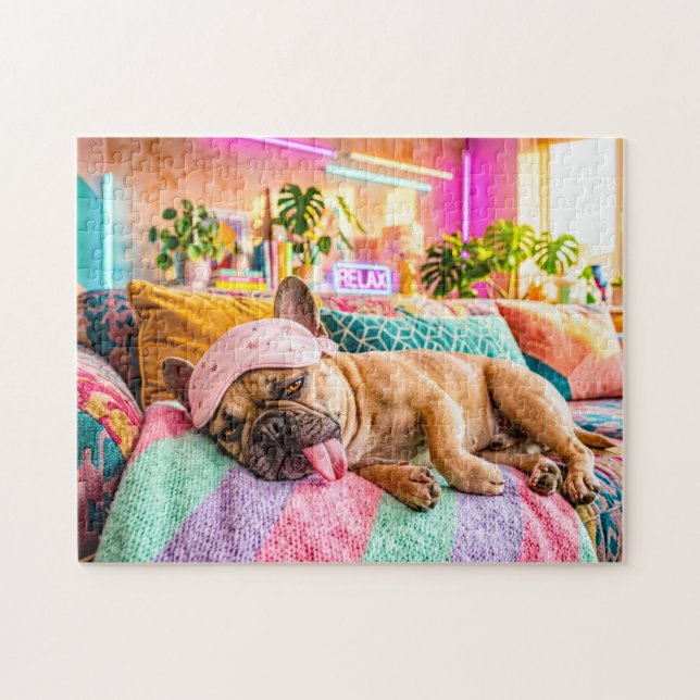 Fransk Bulldog som sover med sömnmask Pussel (Horisontell)