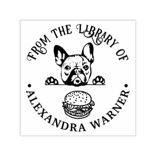 Fransk Bulldog som spanar på hamburgare Biblioteks Självfärgande Stämpel