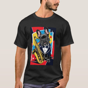 Fransk Bulldog som spelar Saxofon Pop Art Stil T Shirt