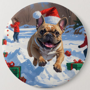 Fransk Bulldog Springar i Snö med Julhatt Knapp