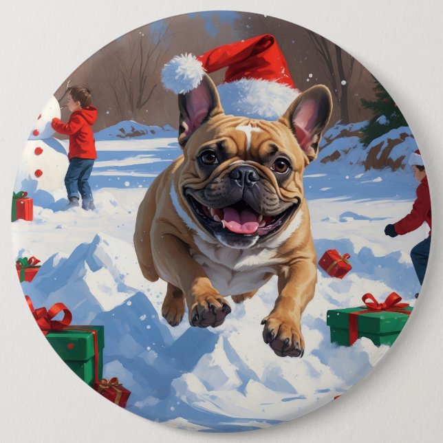 Fransk Bulldog Springar i Snö med Julhatt Knapp (Framsida)