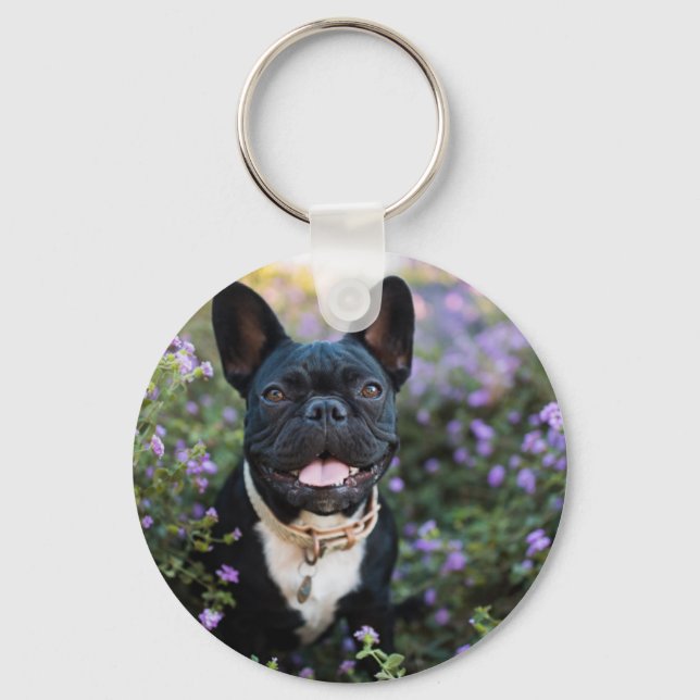 Fransk Bulldog Stands i Flowers Nyckelring (Framsida)
