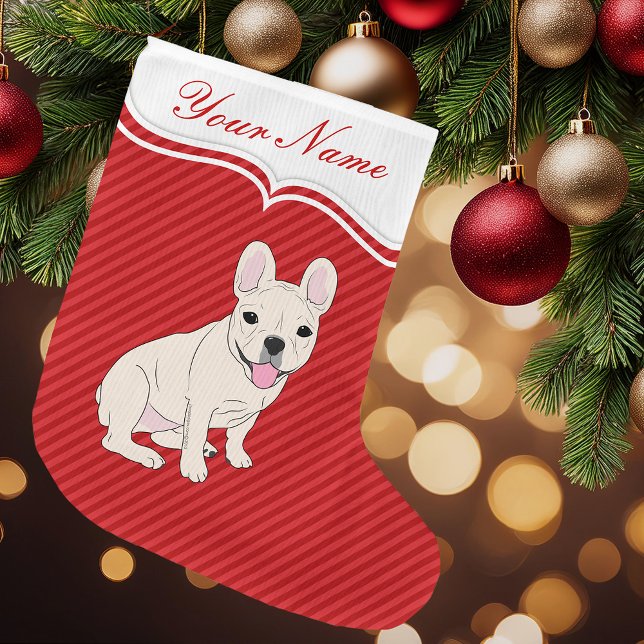 Fransk Bulldog Stor Julstrumpa (Red Striped French Bulldog Personalized Christmas Stocking)