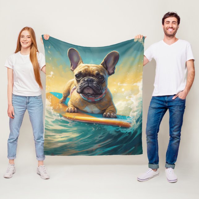 Fransk Bulldog Strand Surfning Målning Fleecefilt (På plats)