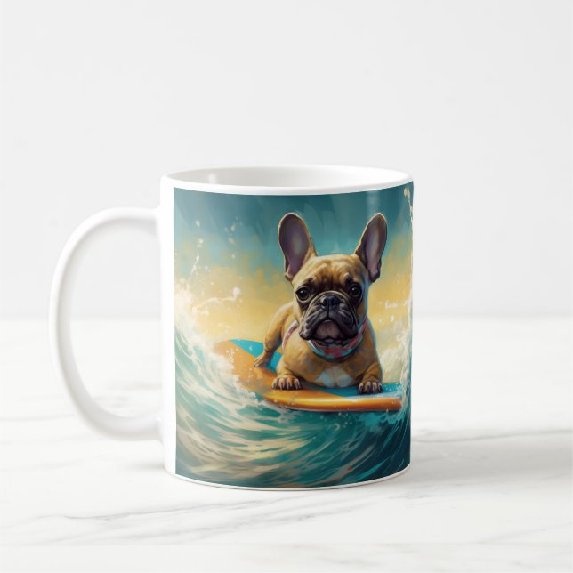 Fransk Bulldog Strand Surfning Målning Kaffemugg (Vänster)
