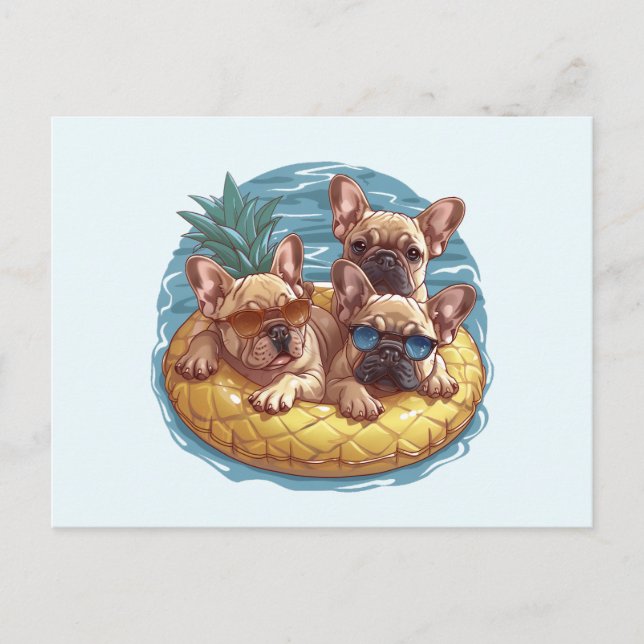 Fransk Bulldog Summer Pineapple Bassäng Flyter Vykort (Framsida)