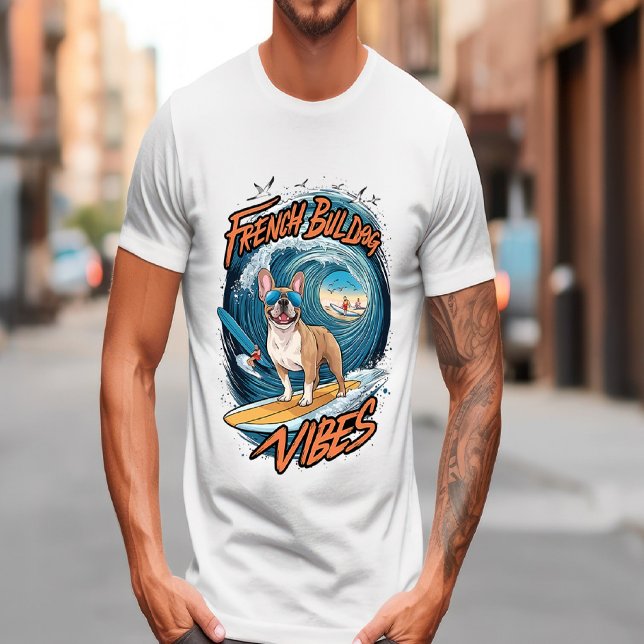 Fransk Bulldog Surfing Frenchie Stänk T Shirt (Skapare uppladdad)