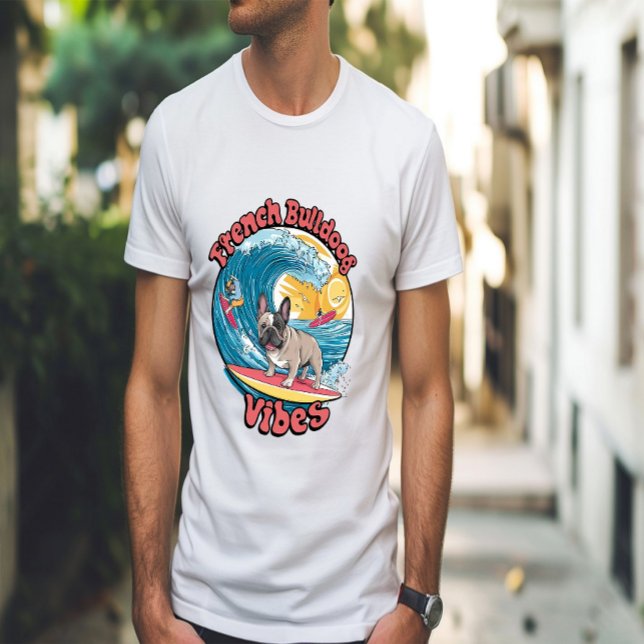 Fransk Bulldog Surfing Tropical Wave T Shirt (Skapare uppladdad)
