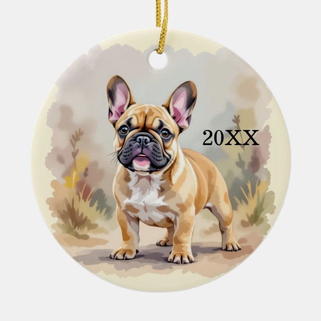 Fransk Bulldog Tan Fawn-Färgad Söt Frenchie Hund Julgransprydnad Keramik (Framsidan)