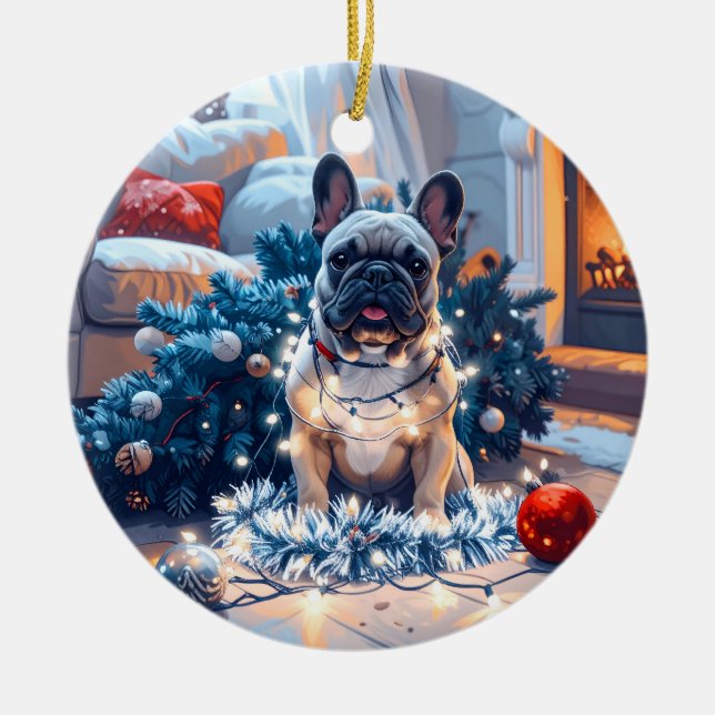 Fransk Bulldog Tangled i julen i Fairy Ljus Julgransprydnad Keramik (Framsidan)