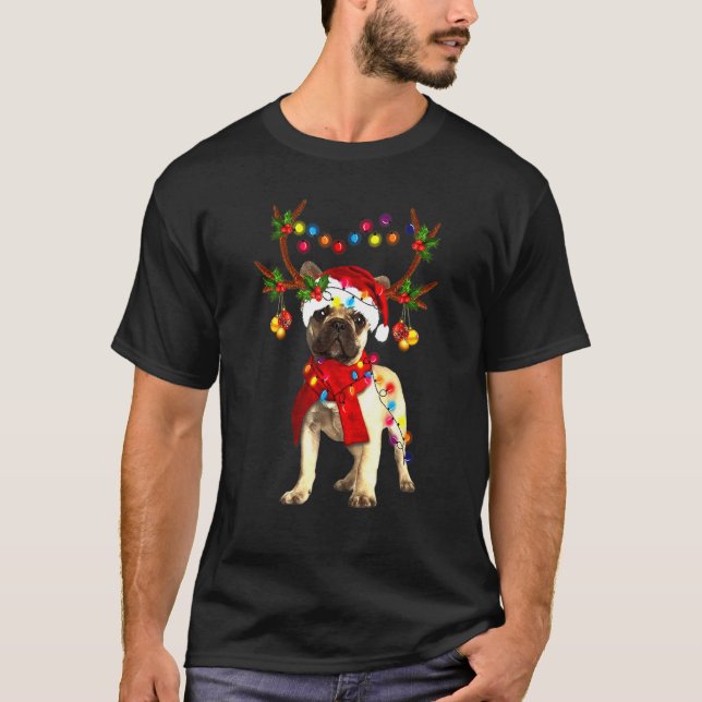 Fransk Bulldog Träd Light Julafton T Shirt (Framsida)