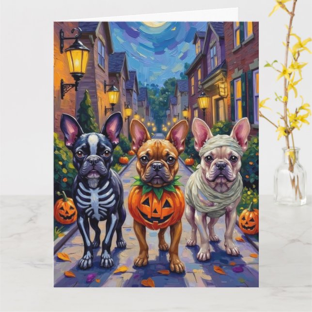 Fransk Bulldog Trick eller Treating Halloween Cost Kort (Gul blomma)