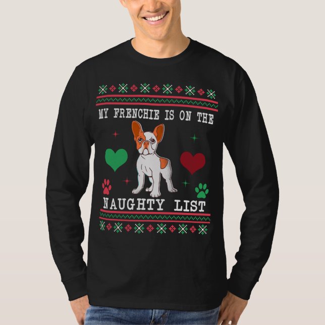 Fransk Bulldog Ugly jul Sweater Naughty List T Shirt (Framsida)