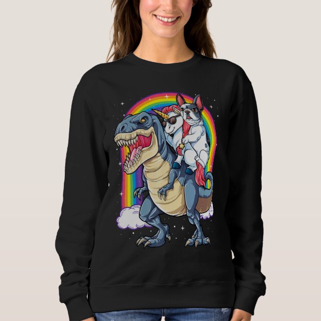 Fransk Bulldog Unicorn Riding Dinosaur T Rex Girl T Shirt (Framsida)