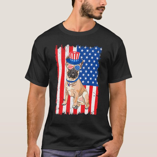Fransk Bulldog USA flagga 4 juli T Shirt (Framsida)
