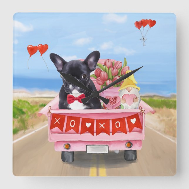 Fransk Bulldog Valentindagen Lastbil Fyrkantig Klocka (Framsida)