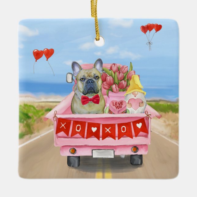 Fransk Bulldog Valentindagen Lastbil Julgransprydnad Keramik (Framsida)