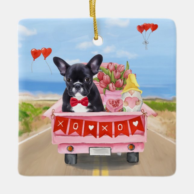 Fransk Bulldog Valentindagen Lastbil Julgransprydnad Keramik (Framsida)