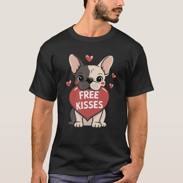 Fransk Bulldog Valentines day Free Kisses T Shirt (Framsida)