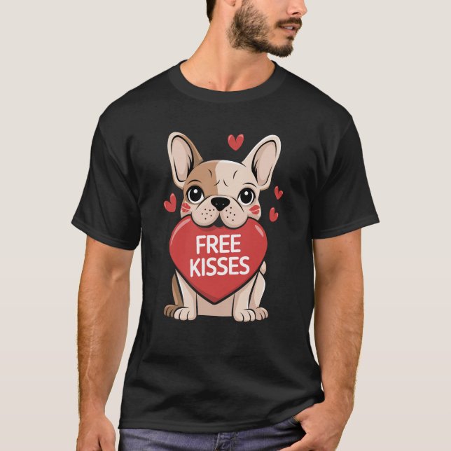 Fransk Bulldog Valentines day Free Kisses T Shirt (Framsida)
