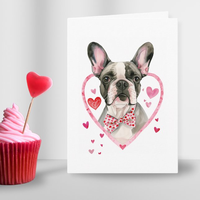 Fransk Bulldog Valentines day Hund Frenchie Heart Helgkort (frenchie dog in spot red pink bowtie in watercolr and heart frame for valentines day dog mom wife)