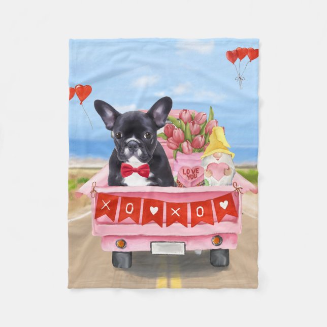 Fransk Bulldog Valentines Day Lastbil Fleecefilt (Framsidan)