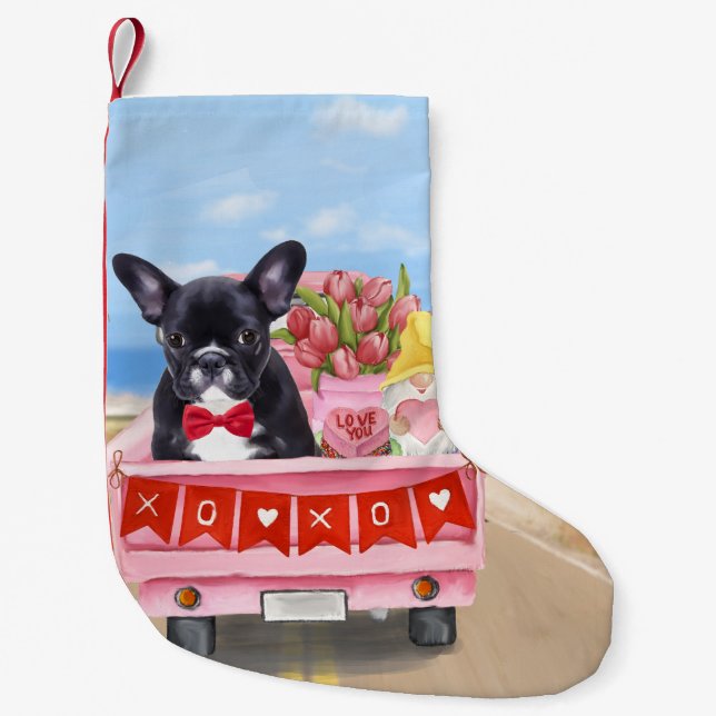 Fransk Bulldog Valentines Day Lastbil Liten Julstrumpa (Framsidan)