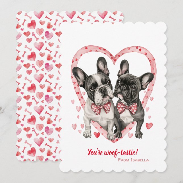 Fransk Bulldog Valentines day Woof-tastic Roligt Julkort (Fram/baksida)