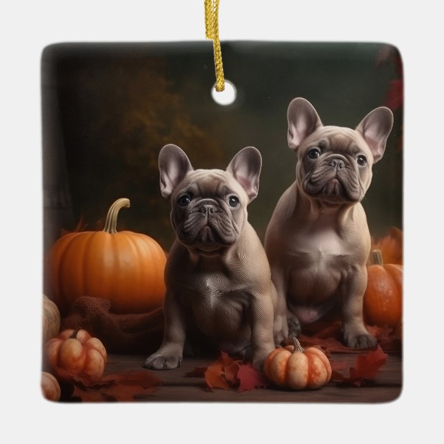 Fransk Bulldog-valp Höstens Glädje Pumpa Julgransprydnad Keramik (Framsida)