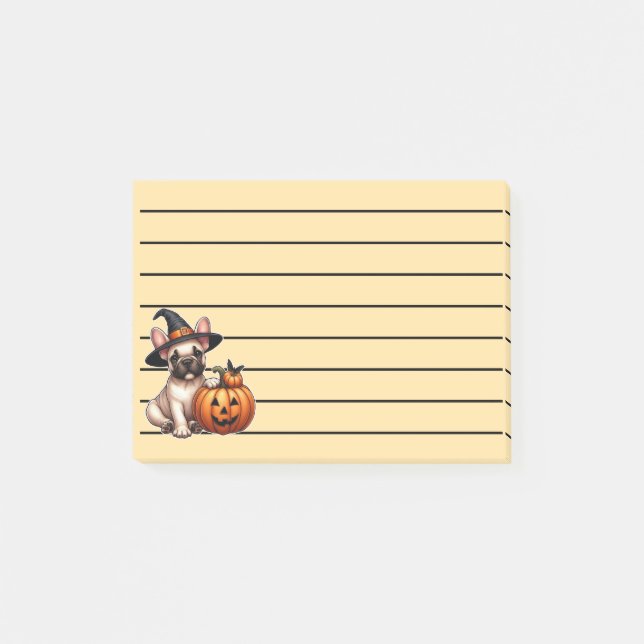 Fransk Bulldog-valp i häxhatt med pumpa Post-it Block (Framsida)
