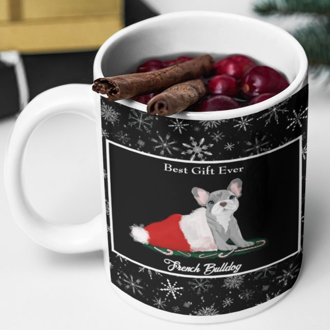 Fransk Bulldog-valp i Tomtes Kaffe Mugg Jumbo Mugg (Santa Paws is coming to town! French Bulldog brings holiday cheer.)