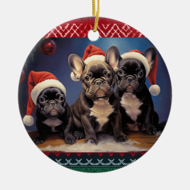 Fransk Bulldog-valpar Jul Julgransprydnad Keramik (Framsidan)