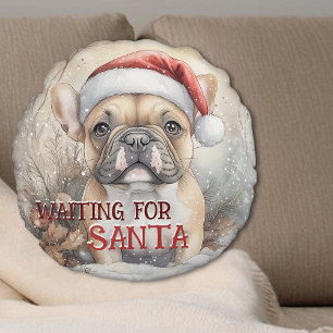 Fransk Bulldog väntar på jultomten Rund Kudde