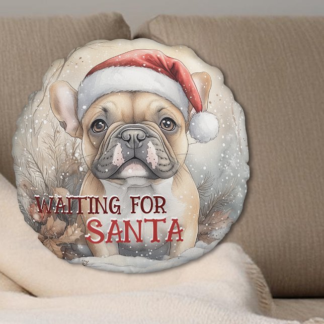 Fransk Bulldog väntar på jultomten Rund Kudde (French Bulldog Waiting For Santa Christmas Round Pillow - Personalize with your own message)
