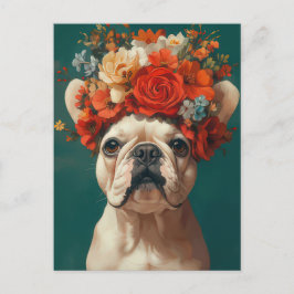 Fransk Bulldog Vattenfärg Blommig Vykort