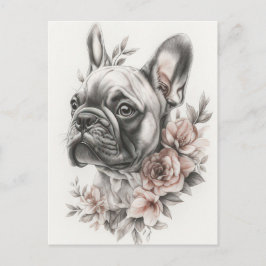 Fransk Bulldog Vattenfärg Blommig Vykort