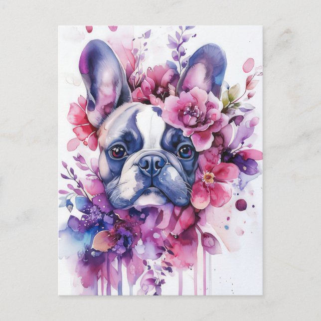 Fransk Bulldog Vattenfärg Blommig  Vykort (Framsida)