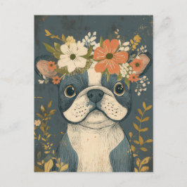 Fransk Bulldog Vattenfärg Blommig Vykort