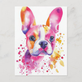Fransk Bulldog Vattenfärg Blommig Vykort