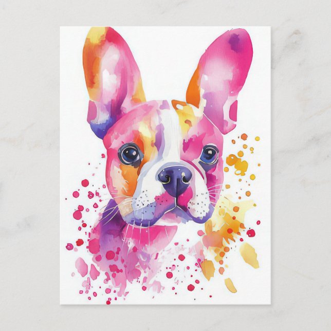 Fransk Bulldog Vattenfärg Blommig  Vykort (Framsida)