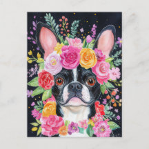 Fransk Bulldog Vattenfärg Blommig