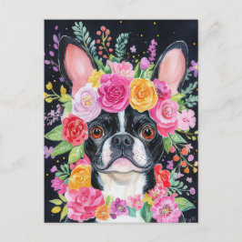 Fransk Bulldog Vattenfärg Blommig Vykort