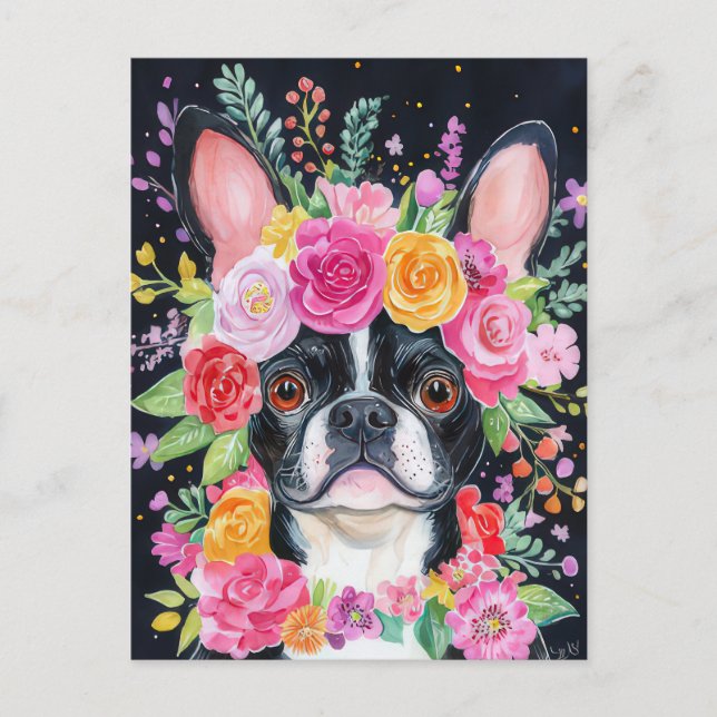 Fransk Bulldog Vattenfärg Blommig  Vykort (Framsida)