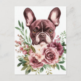 Fransk Bulldog Vattenfärg Blommig Vykort