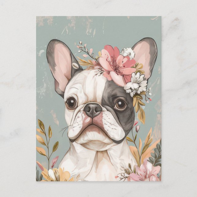 Fransk Bulldog Vattenfärg Blommig  Vykort (Framsida)