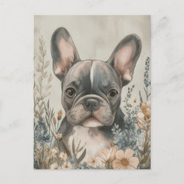 Fransk Bulldog Vattenfärg Blommig Vykort