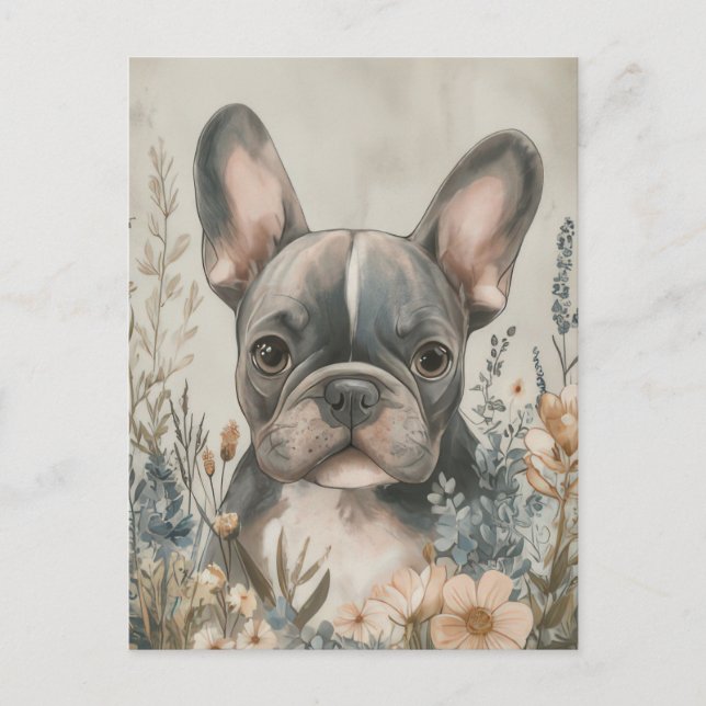 Fransk Bulldog Vattenfärg Blommig  Vykort (Framsida)
