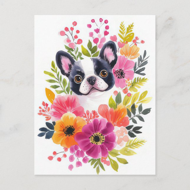 Fransk Bulldog Vattenfärg Blommig  Vykort (Framsida)