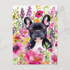 Fransk Bulldog Vattenfärg Blommig Vykort