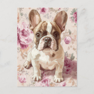 Fransk Bulldog Vattenfärg Blommig Vykort